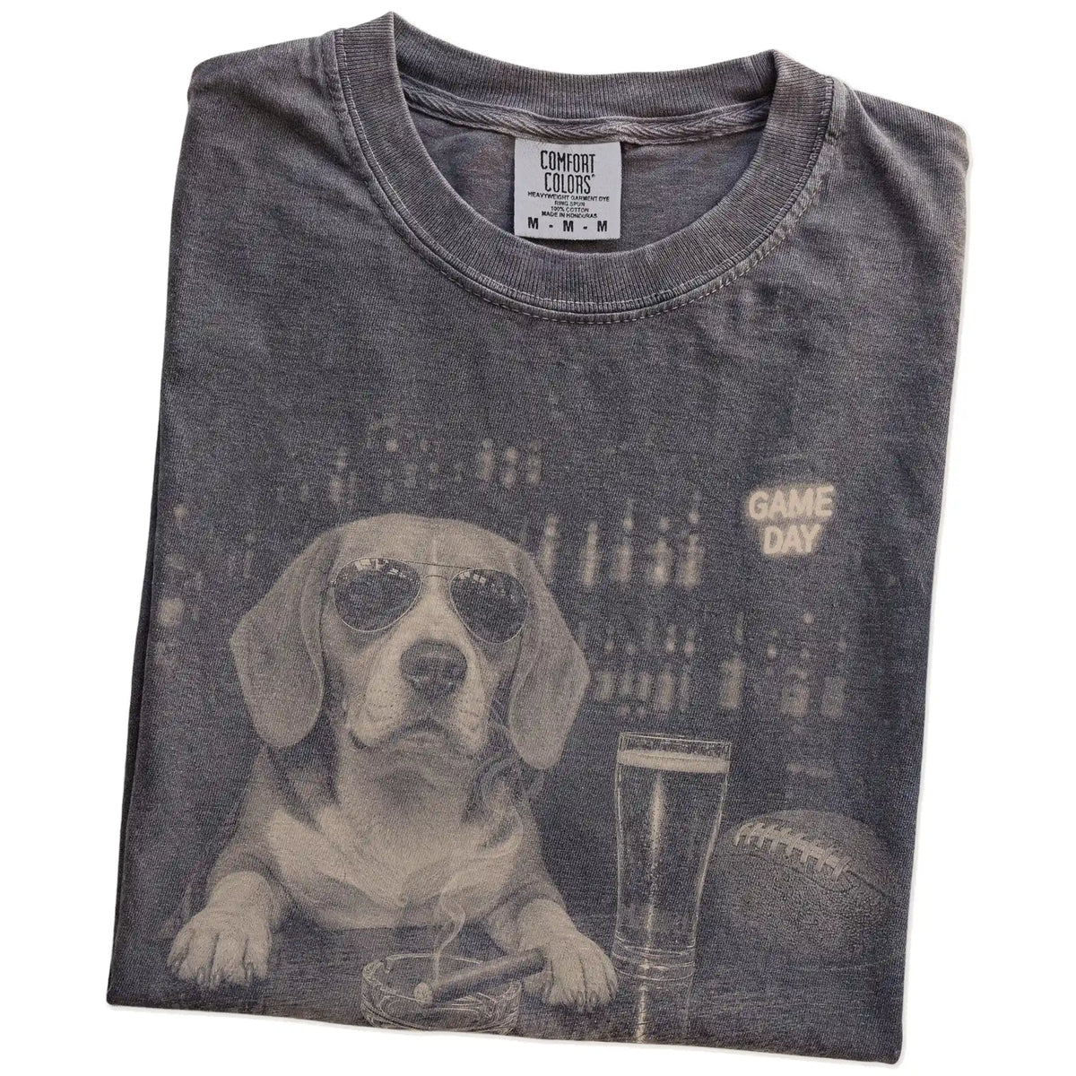 Folded Pepper Comfort Colors® T-shirt showing Beagle with beer and football graphics