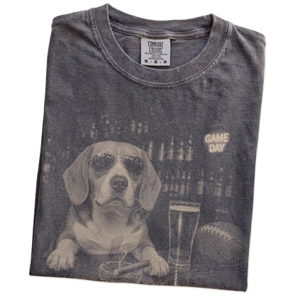 Folded Pepper Comfort Colors® T-shirt showing Beagle with beer and football graphics