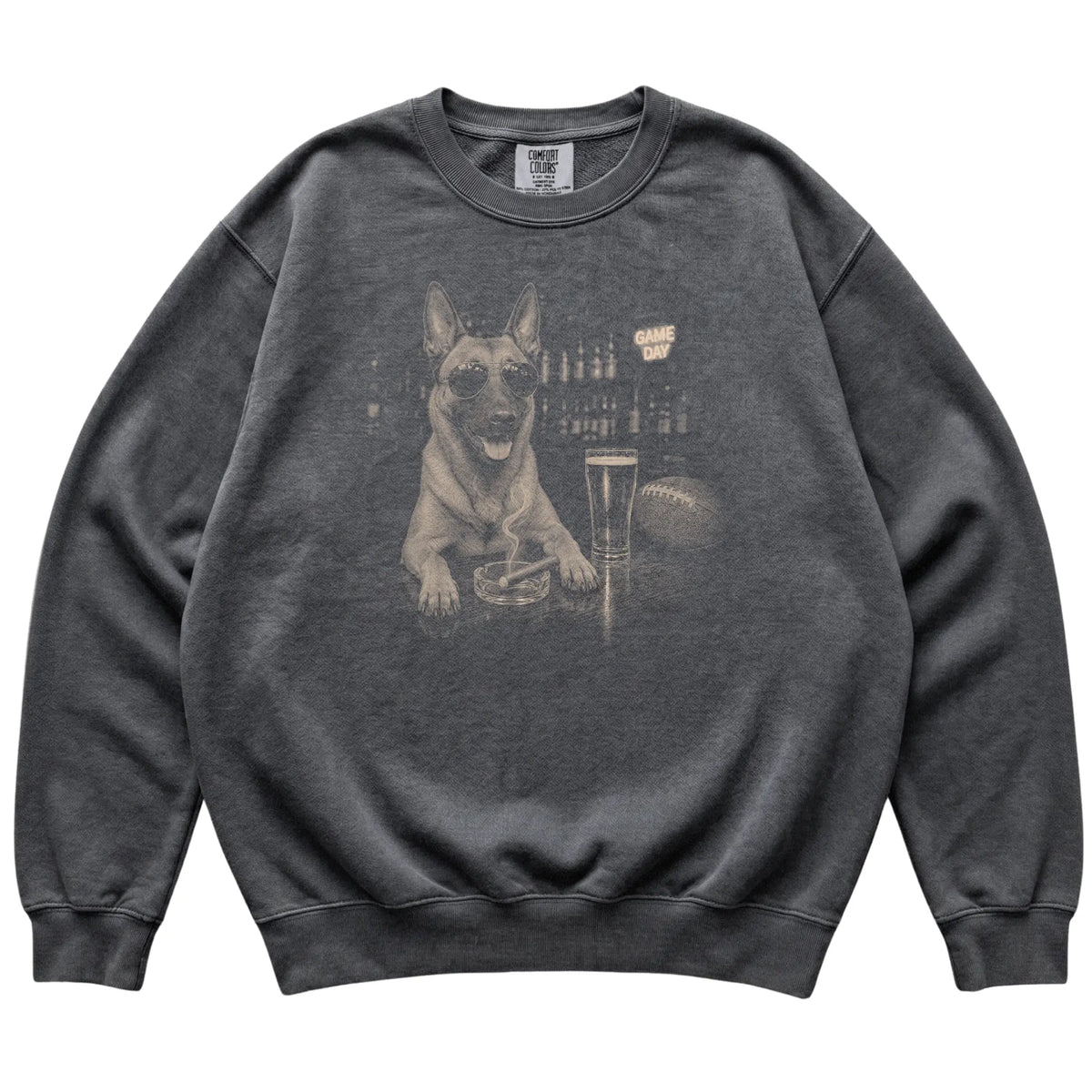 Pepper Beer and Football Belgian Malinois sweatshirt, laid flat
