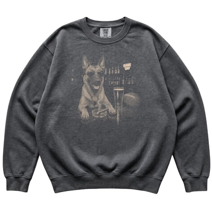 Pepper Beer and Football Belgian Malinois sweatshirt, laid flat