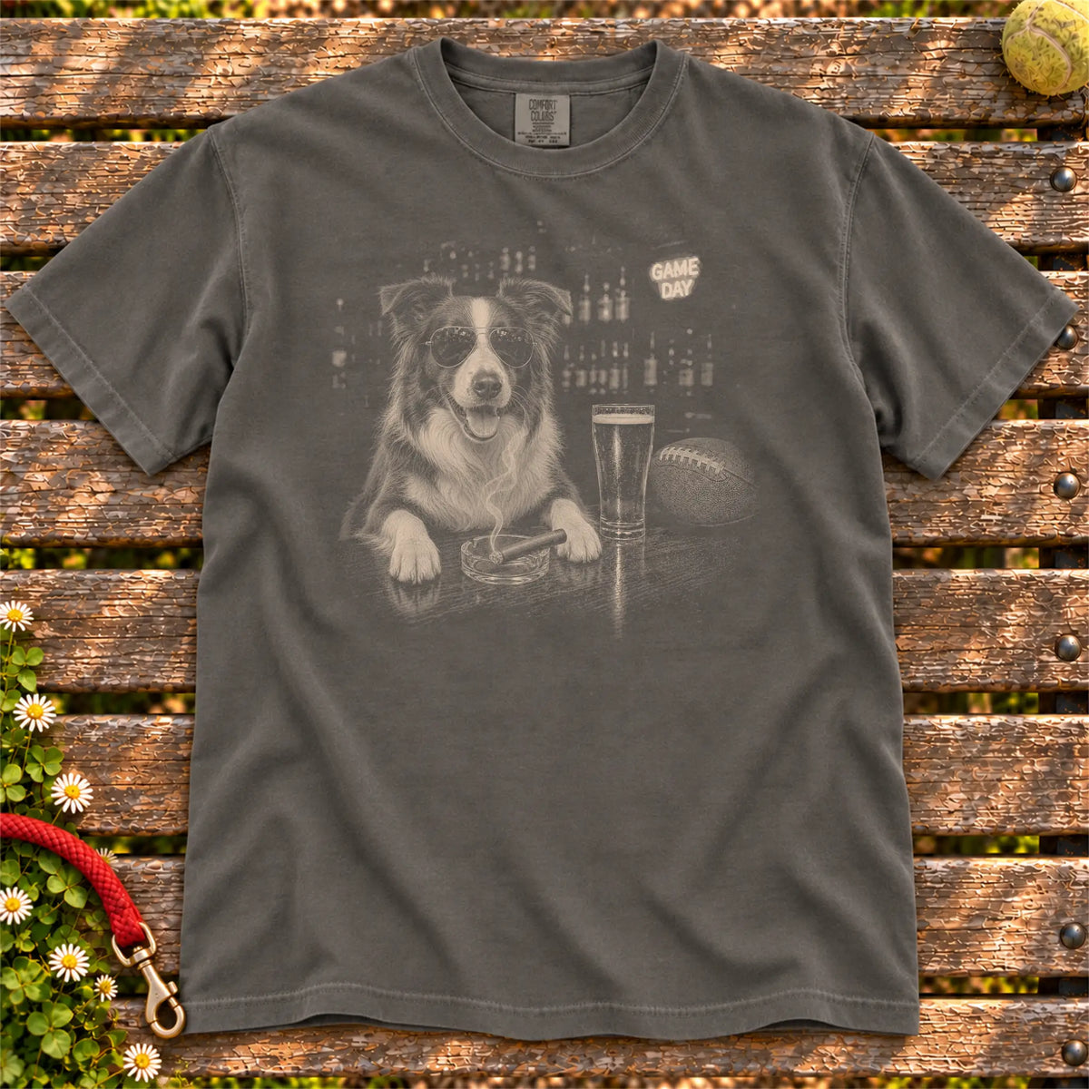 Beer and Football Border Collie design on a Pepper Comfort Colors T-shirt, shown flat