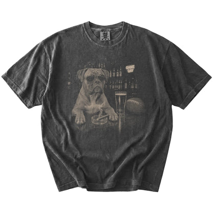 Boxer with beer and football graphics on a Pepper Comfort Colors® T-shirt