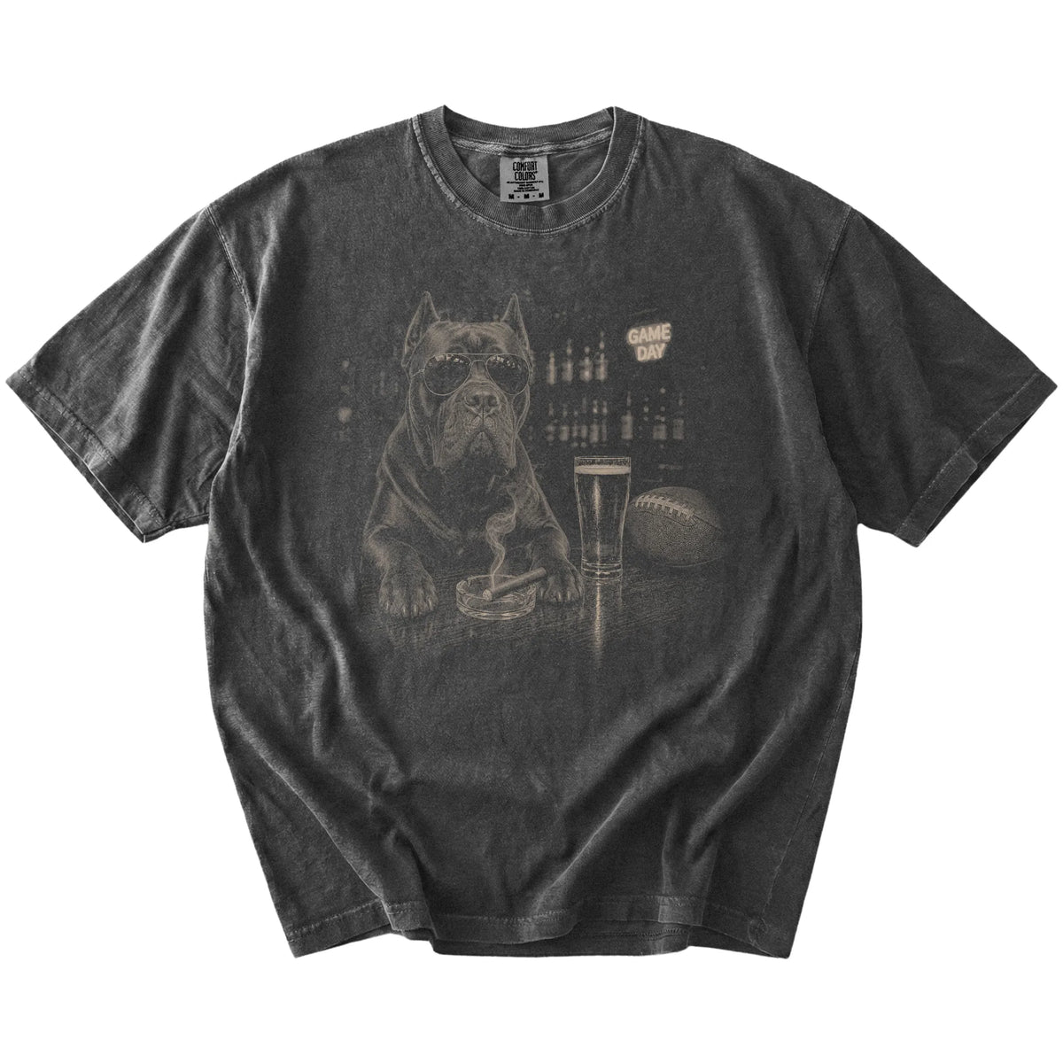 Cane Corso with beer and football graphics on a Pepper Comfort Colors® T-shirt