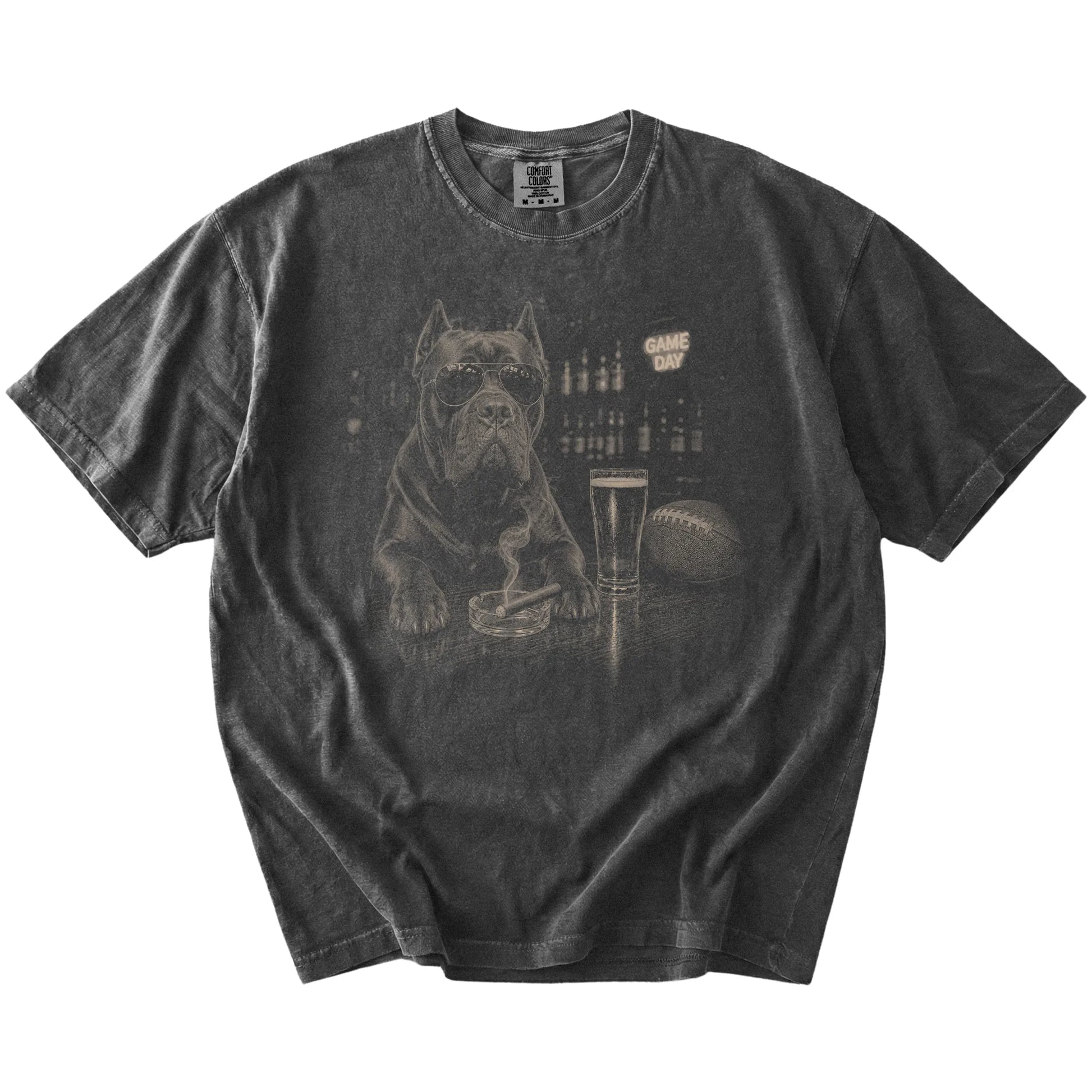 Cane Corso with beer and football graphics on a Pepper Comfort Colors® T-shirt