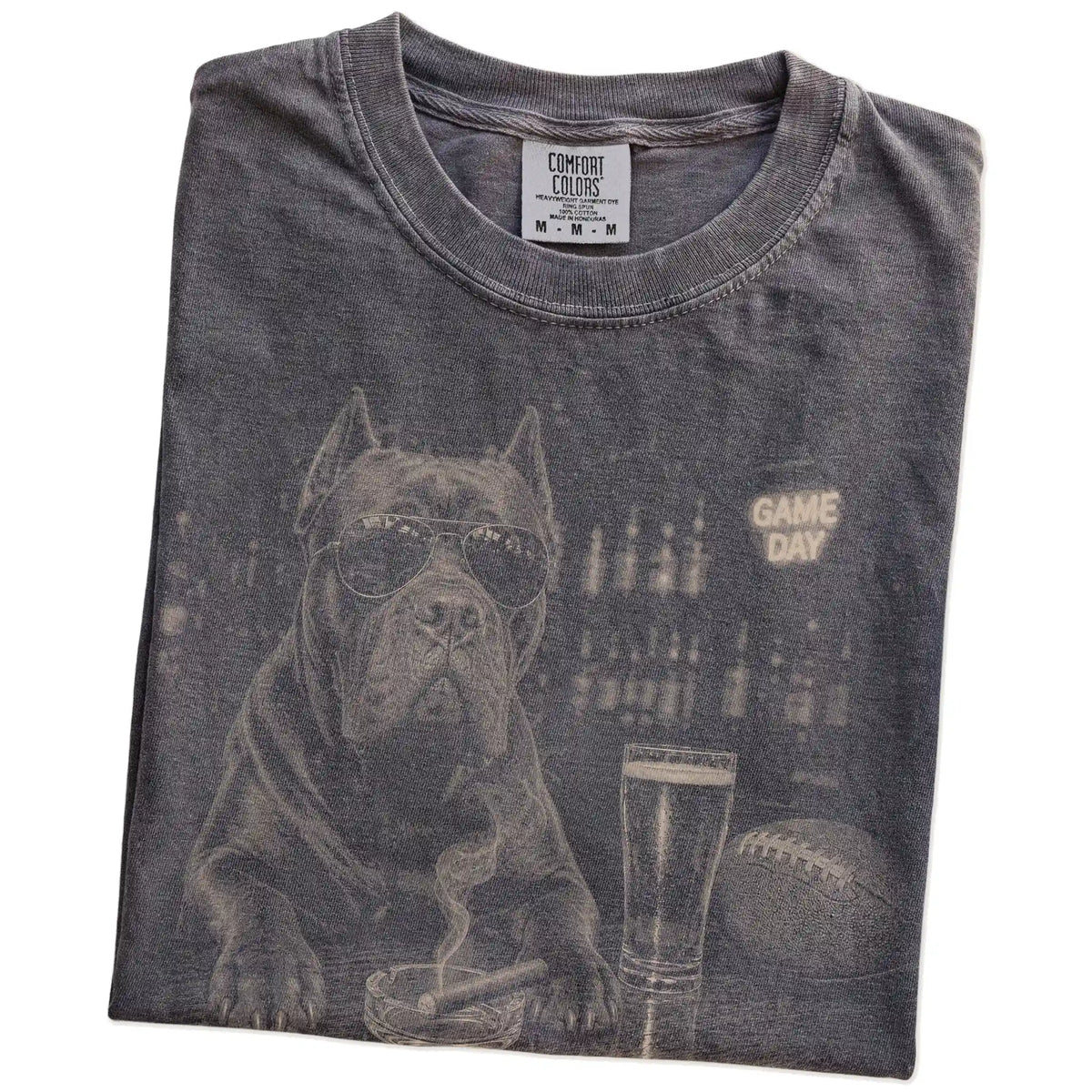 Folded Pepper Comfort Colors® T-shirt showing Cane Corso with beer and football graphics