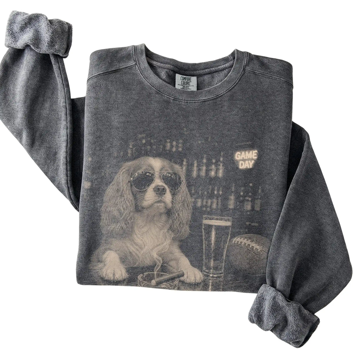 Pepper Beer and Football Cavalier King Charles Spaniel sweatshirt, folded