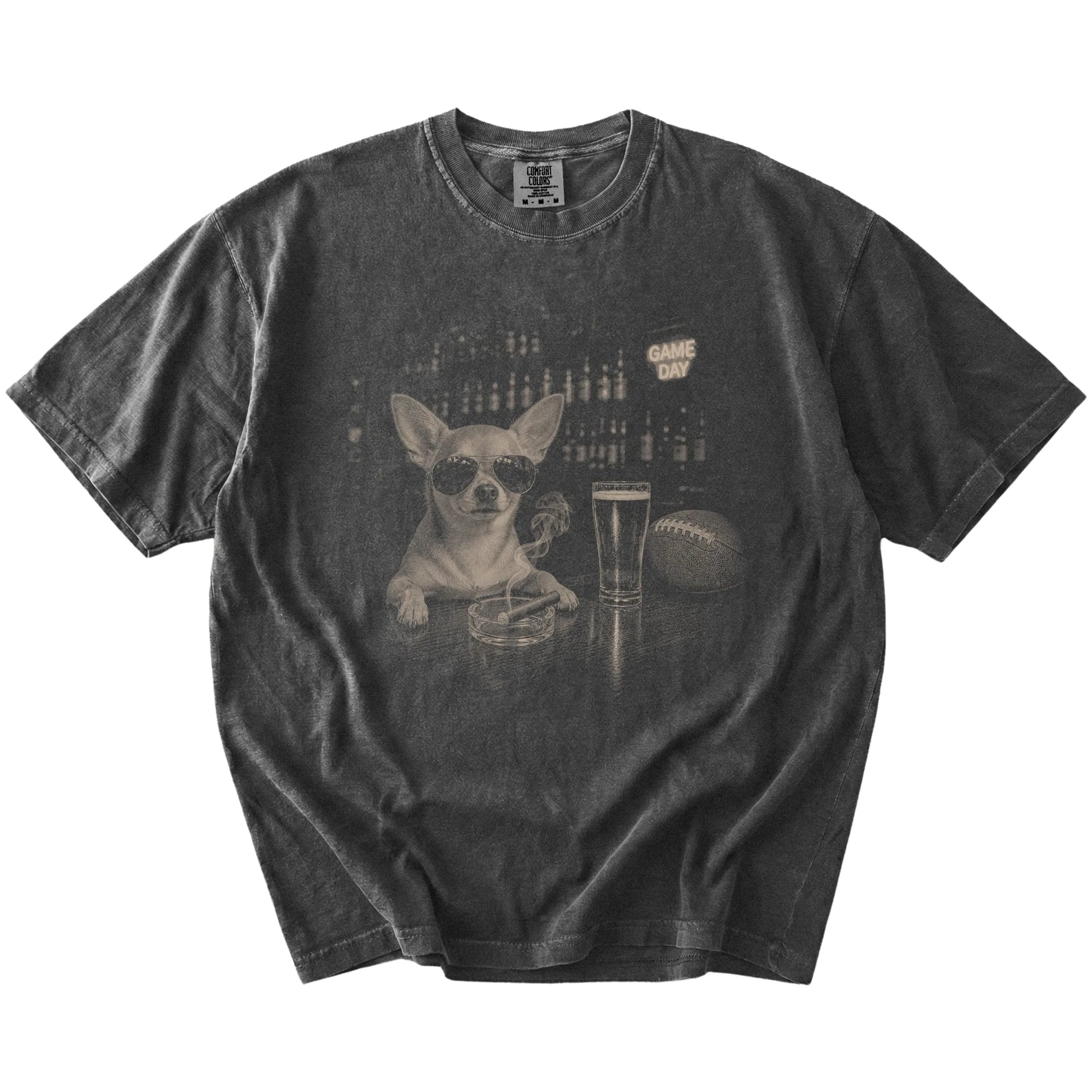 Chihuahua with beer and football graphics on a Pepper Comfort Colors® T-shirt