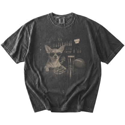 Chihuahua with beer and football graphics on a Pepper Comfort Colors® T-shirt