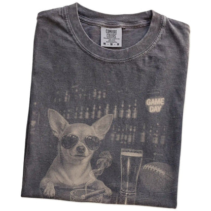 Folded Pepper Comfort Colors® T-shirt showing Chihuahua with beer and football graphics