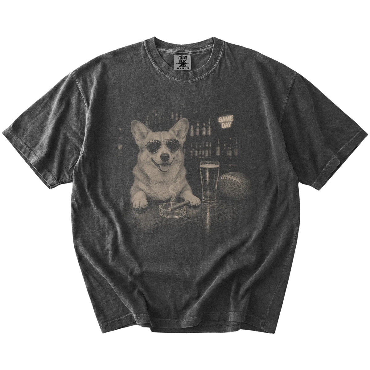 Corgi with beer and football graphics on a Pepper Comfort Colors® T-shirt