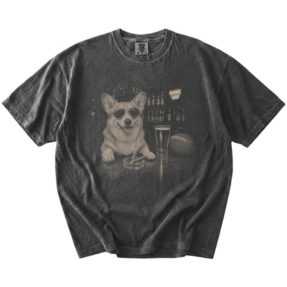 Corgi with beer and football graphics on a Pepper Comfort Colors® T-shirt