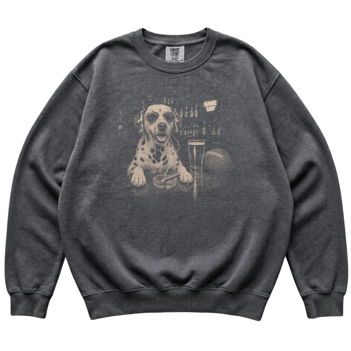 Pepper Beer and Football Dalmatian sweatshirt, laid flat