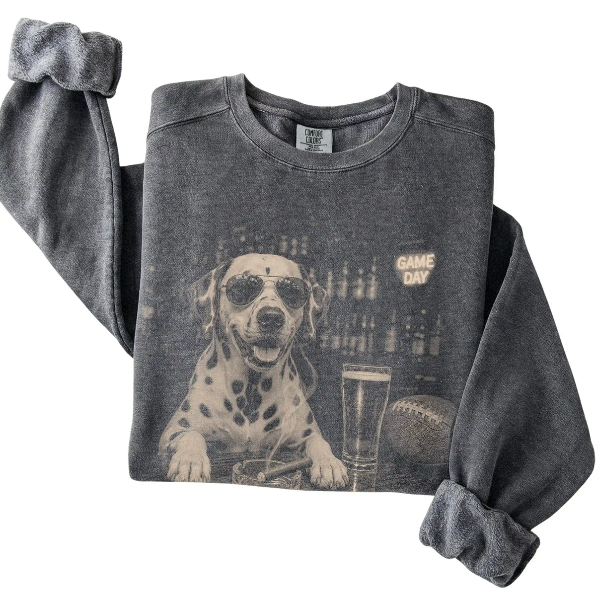 Pepper Beer and Football Dalmatian sweatshirt, folded