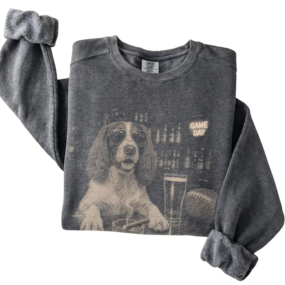 Pepper Beer and Football English Springer Spaniel sweatshirt, folded
