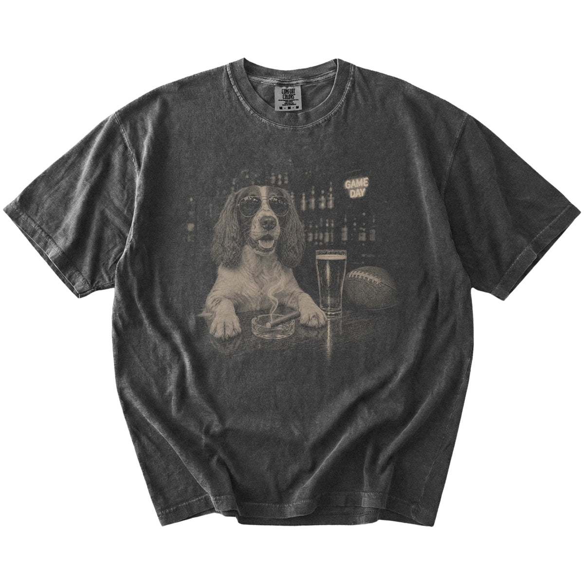 Springer Spaniel with beer and football graphics on a Pepper Comfort Colors® T-shirt