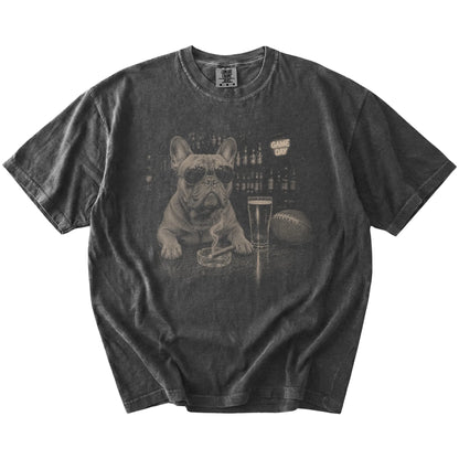 French Bulldog with beer and football graphics on a Pepper Comfort Colors® T-shirt