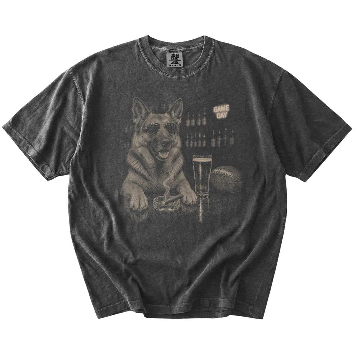 German Shepherd with beer and football graphics on a Pepper Comfort Colors® T-shirt