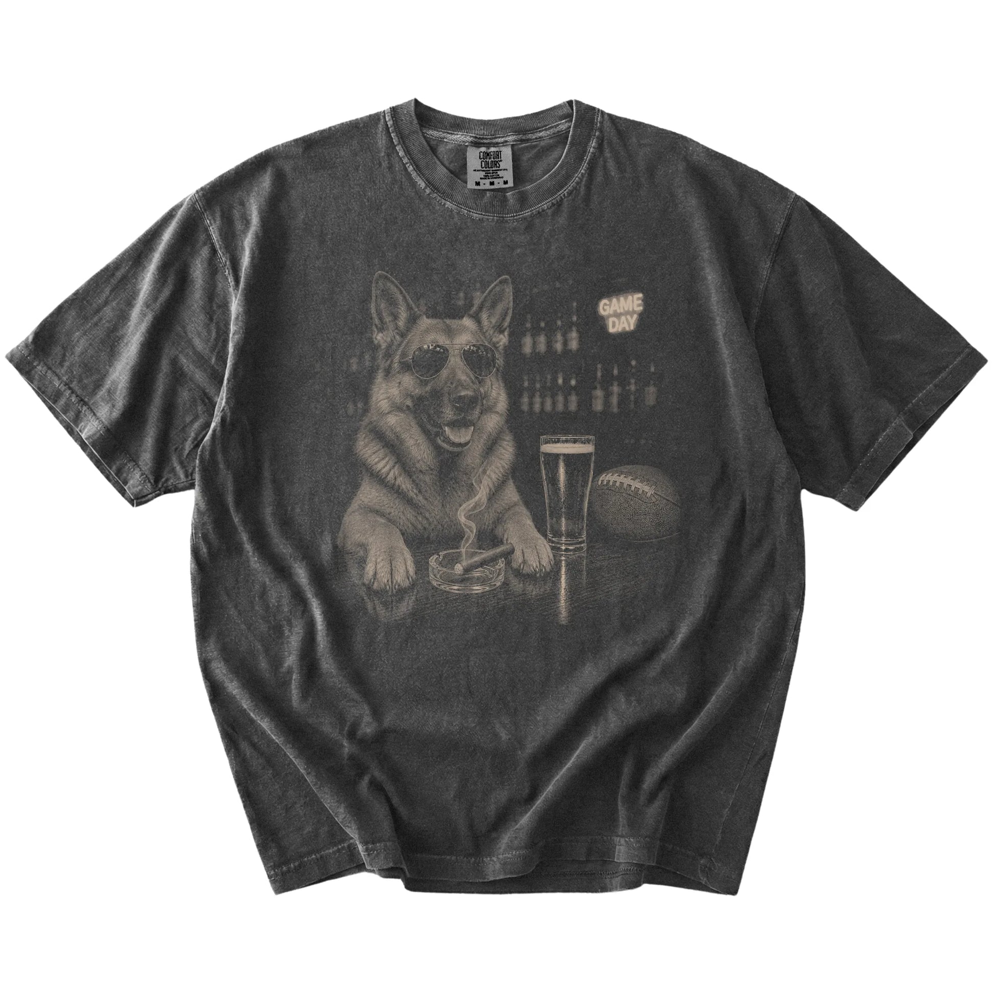 German Shepherd with beer and football graphics on a Pepper Comfort Colors® T-shirt