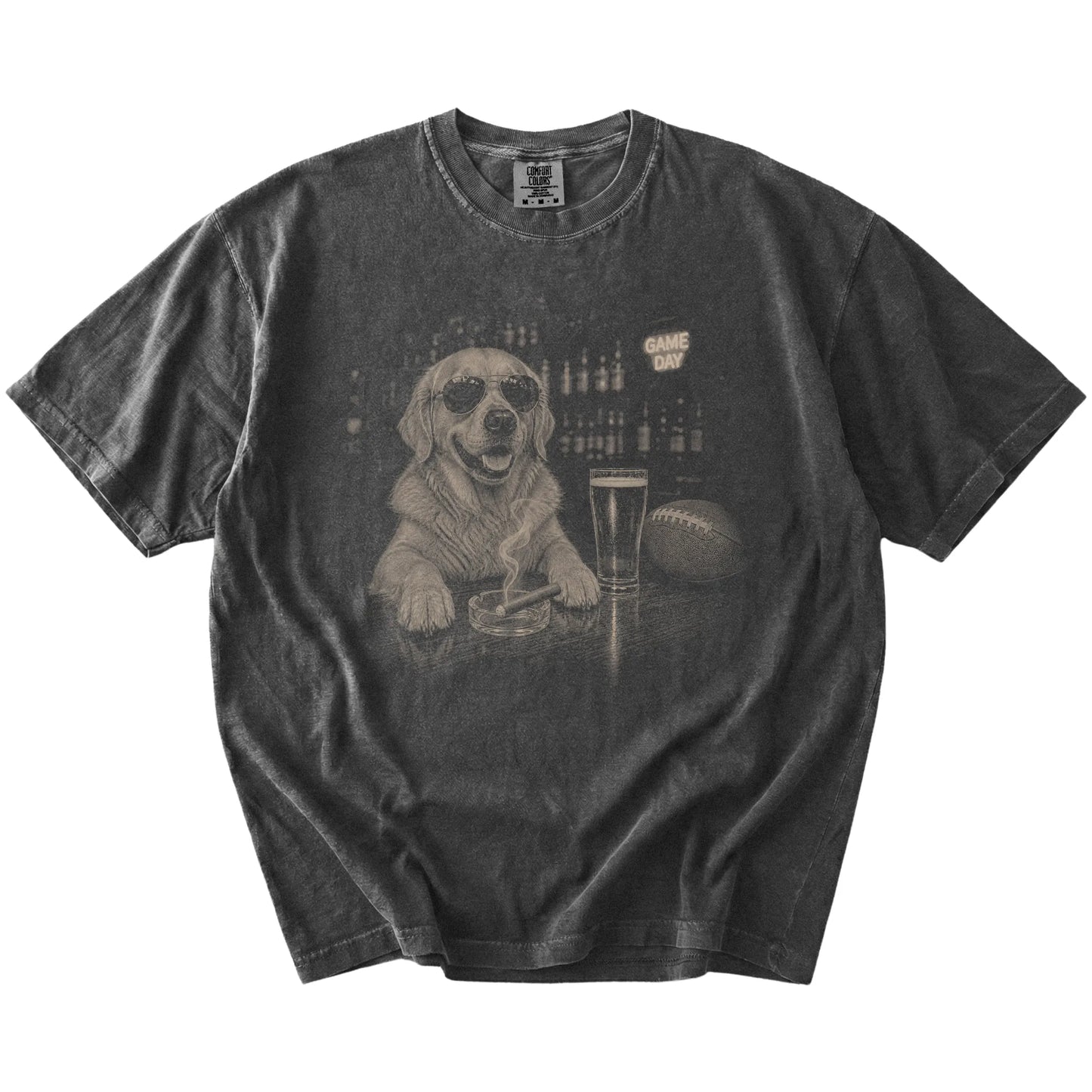 Golden Retriever with beer and football graphics on a Pepper Comfort Colors® T-shirt