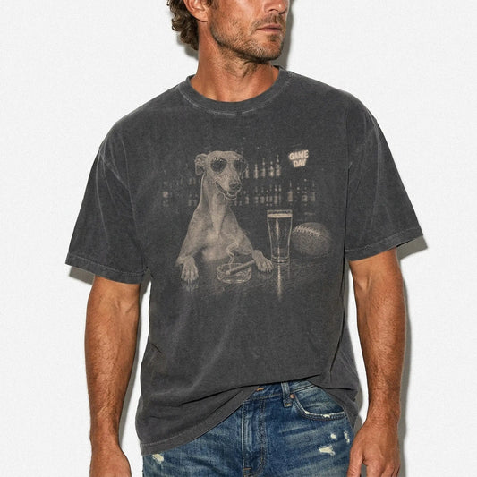 Model wearing a Pepper Comfort Colors® T-shirt featuring Greyhound with beer and football graphics