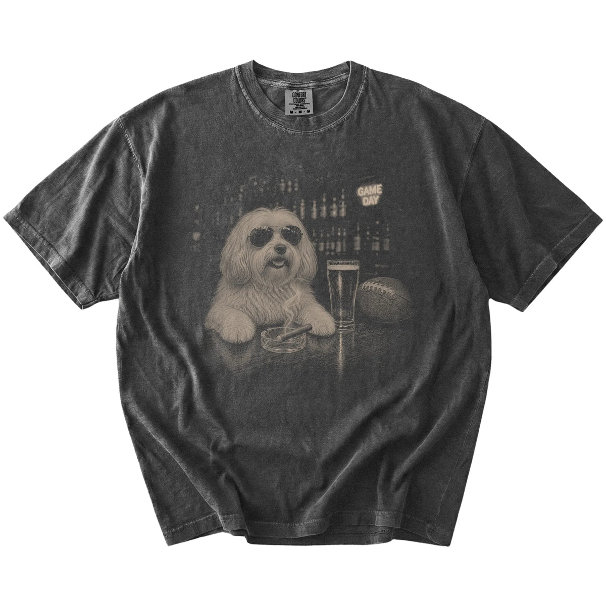 Havanese with beer and football graphics on a Pepper Comfort Colors® T-shirt