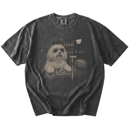 Havanese with beer and football graphics on a Pepper Comfort Colors® T-shirt