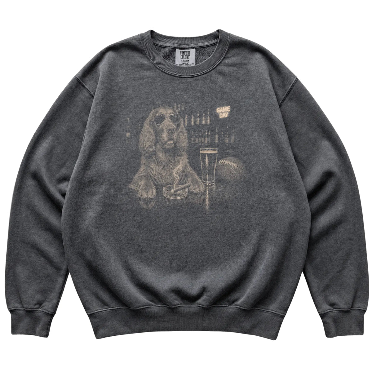 Pepper Beer and Football Irish Setter sweatshirt, laid flat