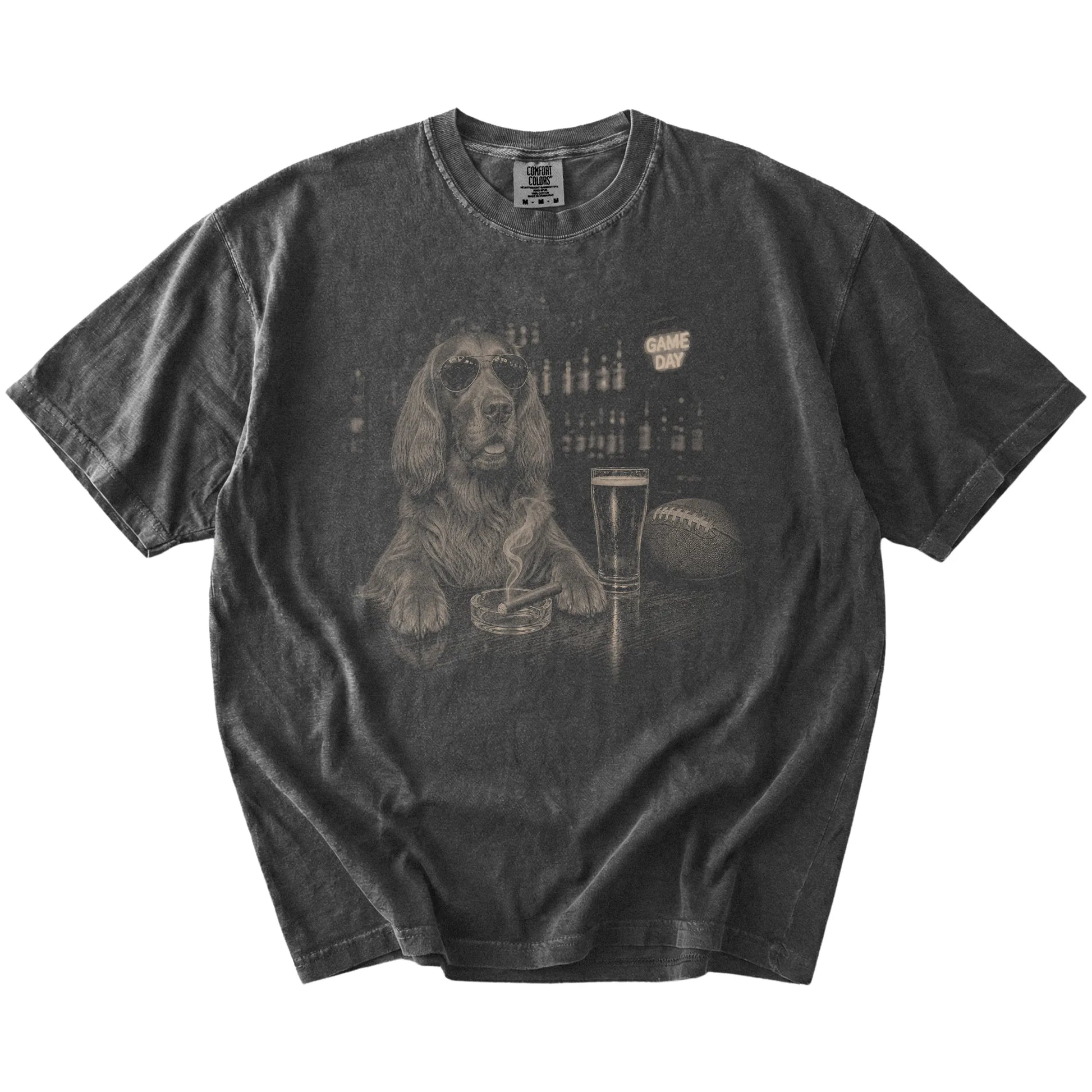 Irish Setter with beer and football graphics on a Pepper Comfort Colors® T-shirt