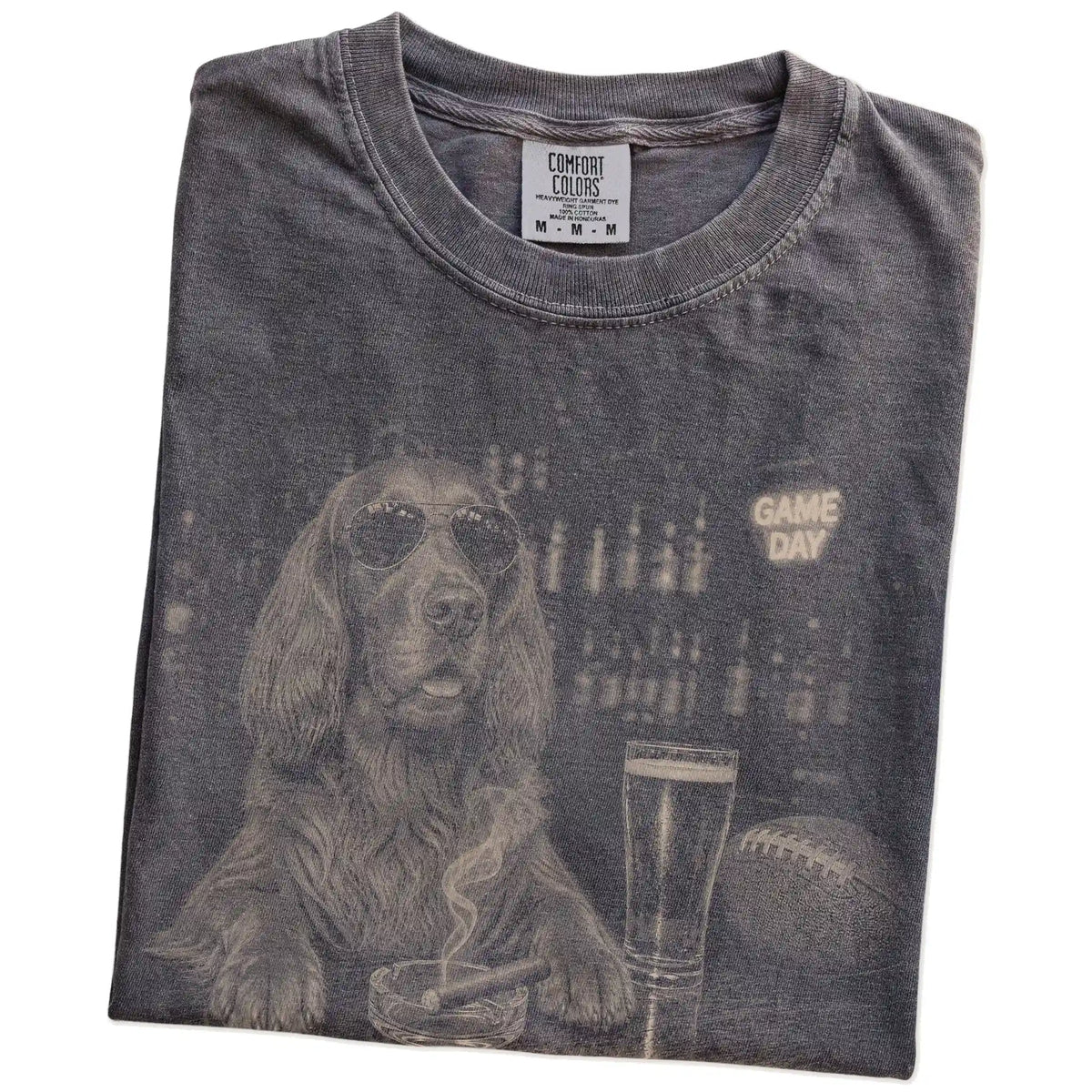 Folded Pepper Comfort Colors® T-shirt showing Irish Setter with beer and football graphics