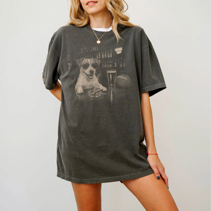 Model wearing a Pepper Comfort Colors® T-shirt featuring Jack Russell with beer and football graphics