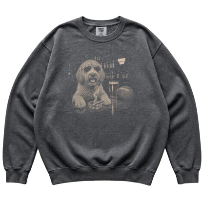Pepper Beer and Football Labradoodle sweatshirt, laid flat