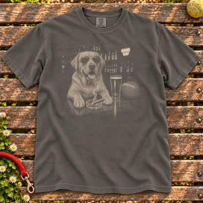 Beer and Football Labrador Retriever design on a Pepper Comfort Colors T-shirt, shown flat