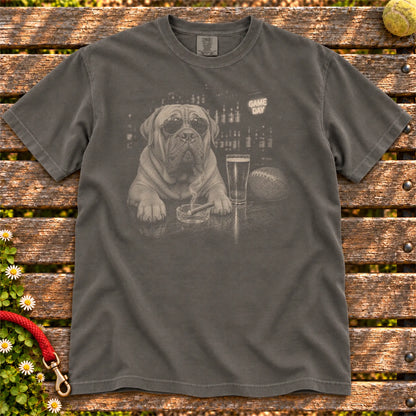 Beer and Football Mastiff design on a Pepper Comfort Colors T-shirt, shown flat
