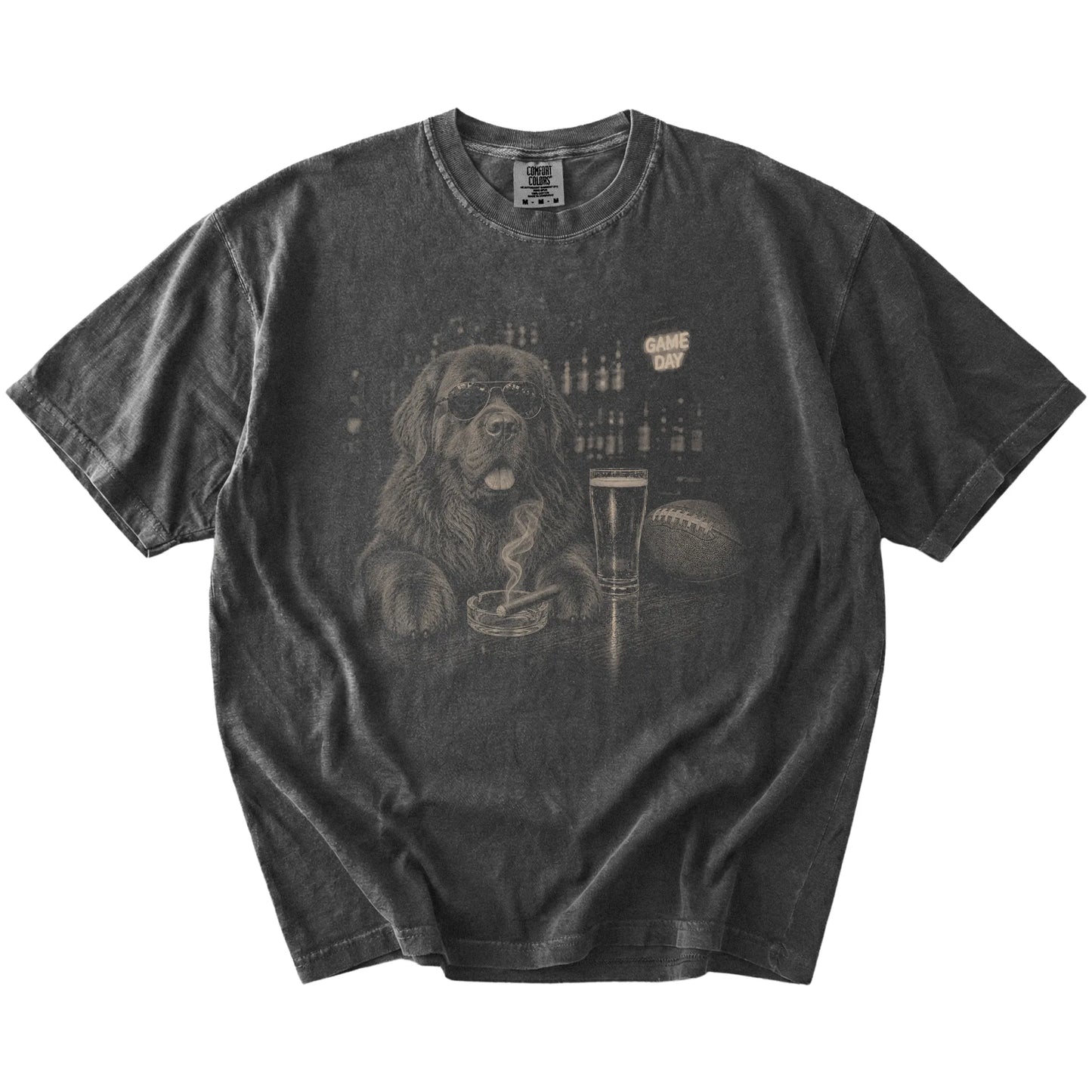 Newfie with beer and football graphics on a Pepper Comfort Colors® T-shirt