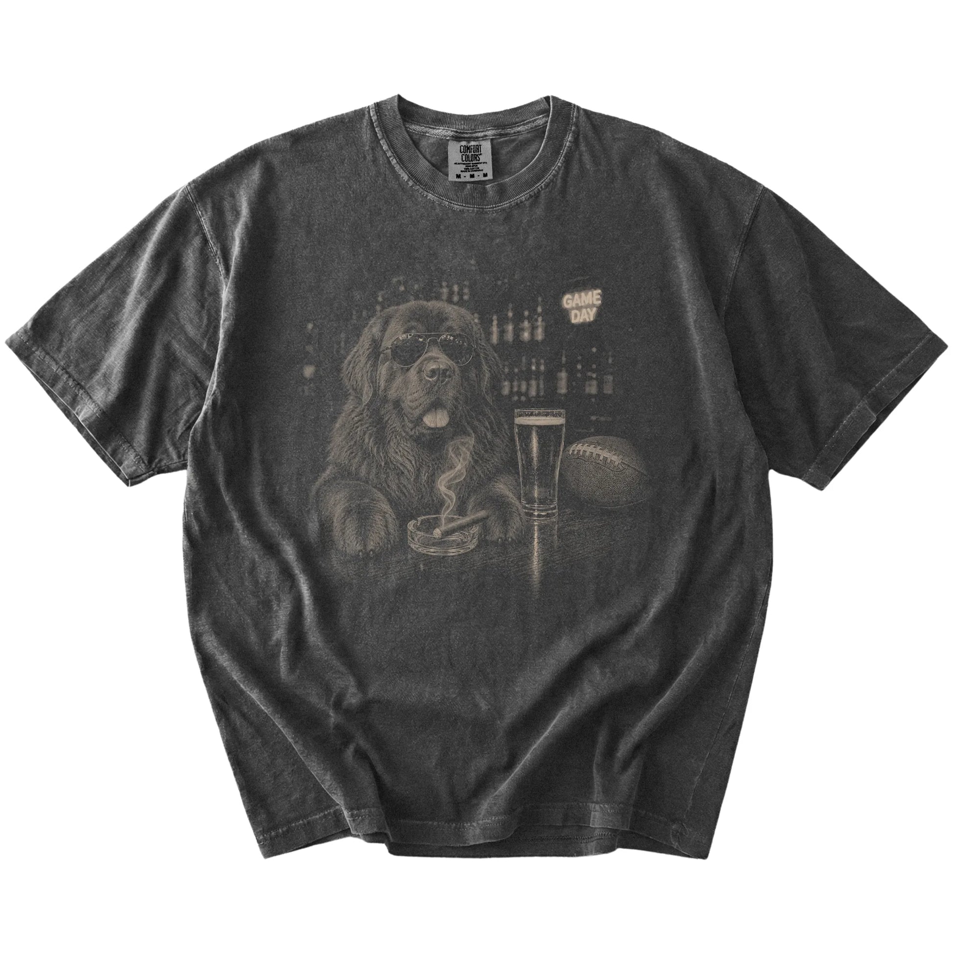 Newfie with beer and football graphics on a Pepper Comfort Colors® T-shirt