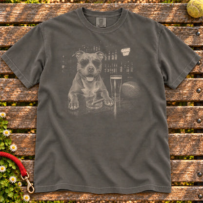 Beer and Football Pitbull design on a Pepper Comfort Colors T-shirt, shown flat