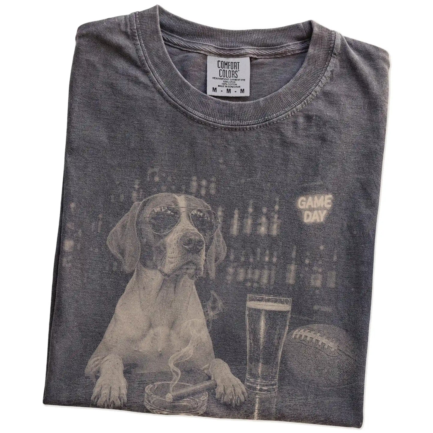 Folded Pepper Comfort Colors® T-shirt showing Pointer with beer and football graphics