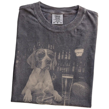 Folded Pepper Comfort Colors® T-shirt showing Pointer with beer and football graphics