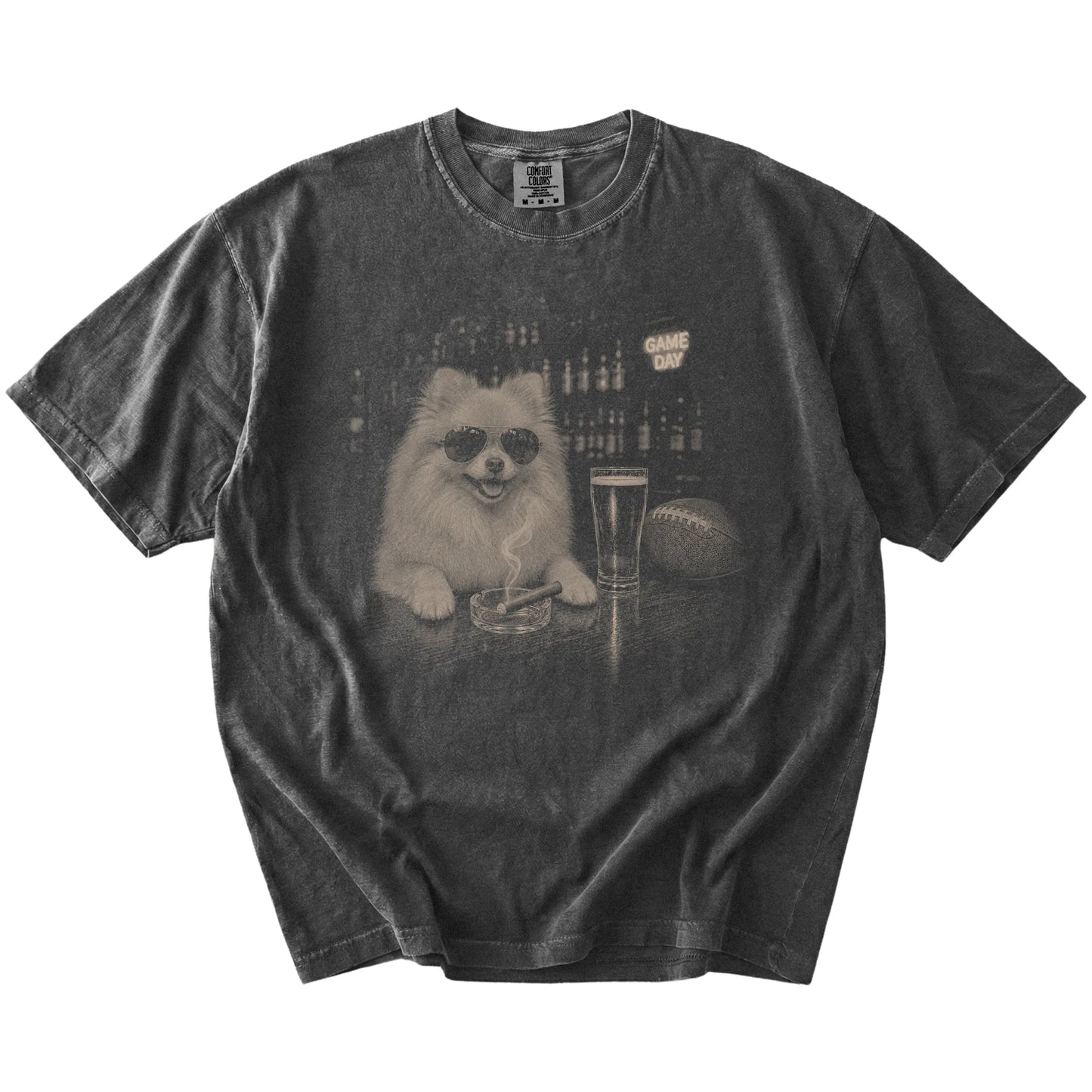 Pomeranian with beer and football graphics on a Pepper Comfort Colors® T-shirt