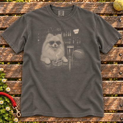 Beer and Football Pomeranian design on a Pepper Comfort Colors T-shirt, shown flat
