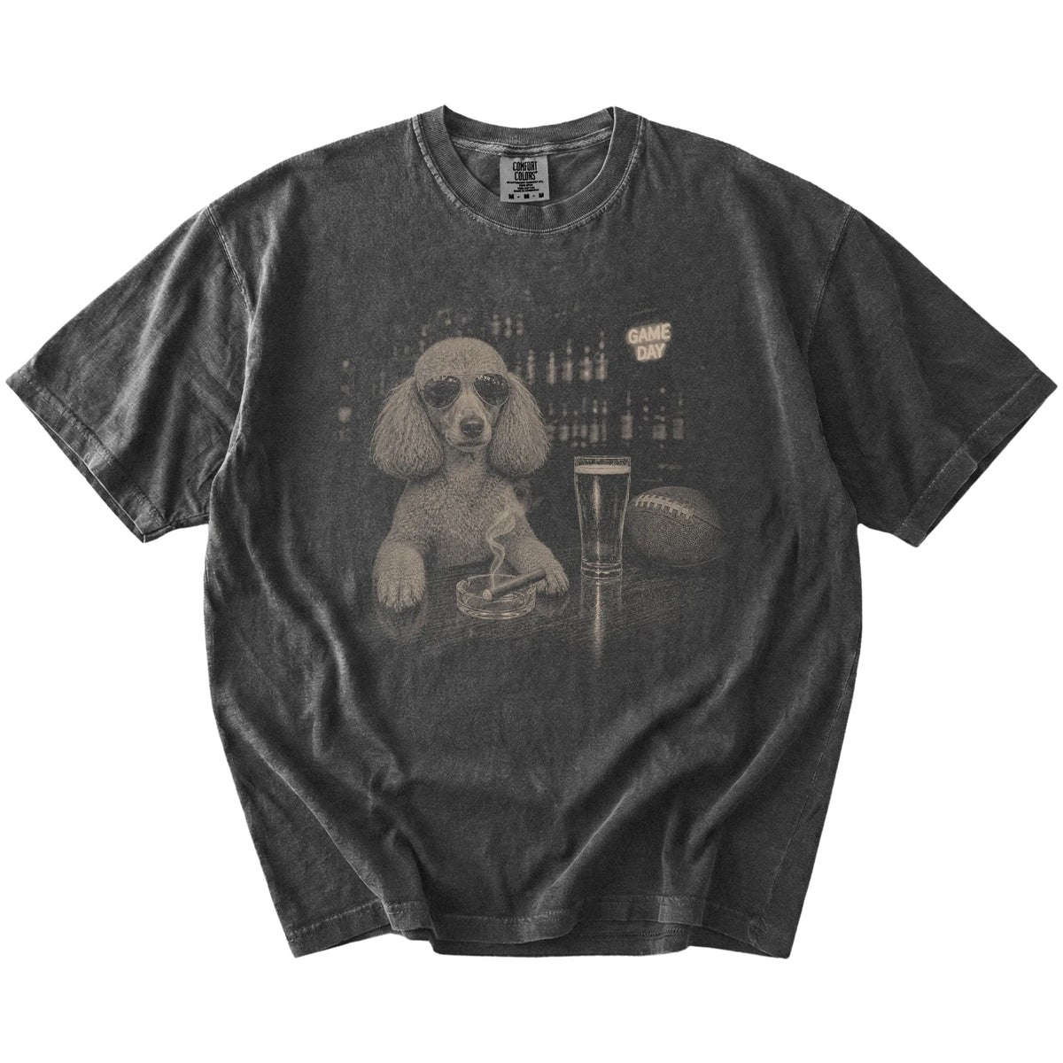 Poodle with beer and football graphics on a Pepper Comfort Colors® T-shirt