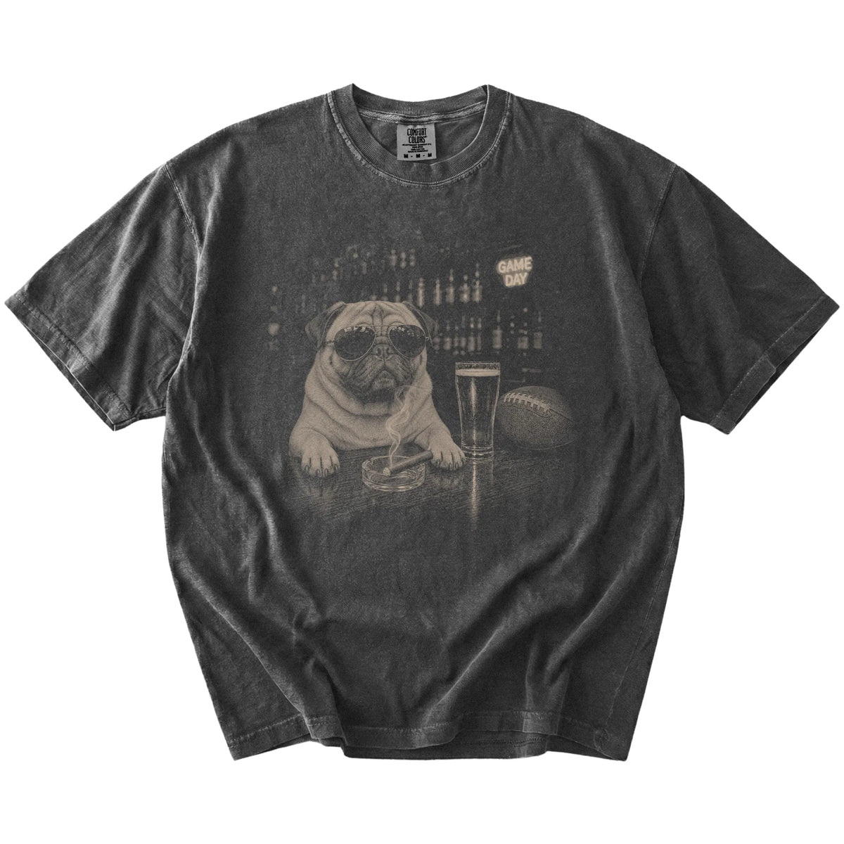 Pug with beer and football graphics on a Pepper Comfort Colors® T-shirt