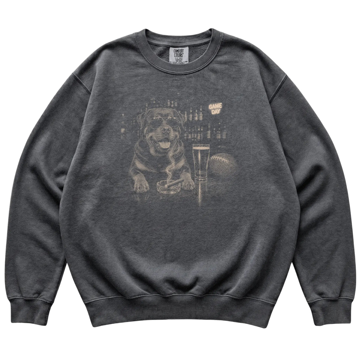 Pepper Beer and Football Rottweiler sweatshirt, laid flat