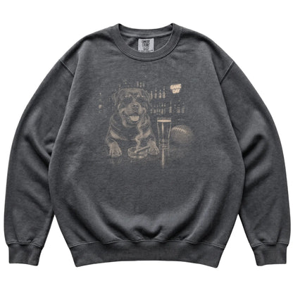 Pepper Beer and Football Rottweiler sweatshirt, laid flat