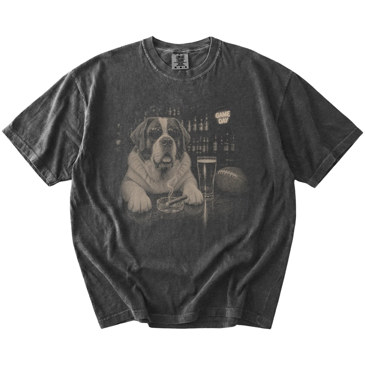 Saint Bernard with beer and football graphics on a Pepper Comfort Colors® T-shirt