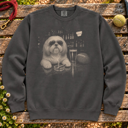 Shih Tzu Beer and Football Shirt on a Pepper crewneck sweatshirt, shown flat