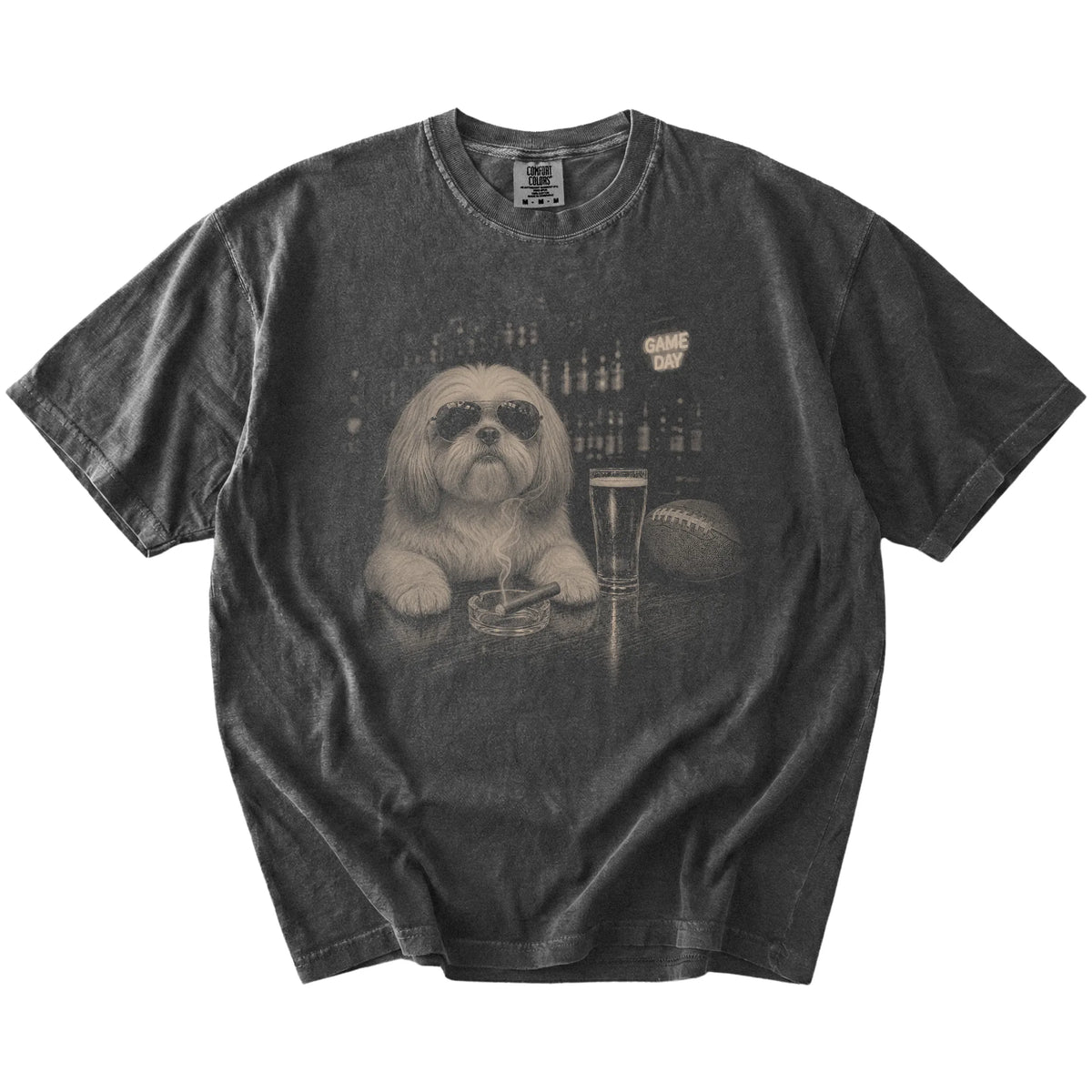 Shih Tzu with beer and football graphics on a Pepper Comfort Colors® T-shirt