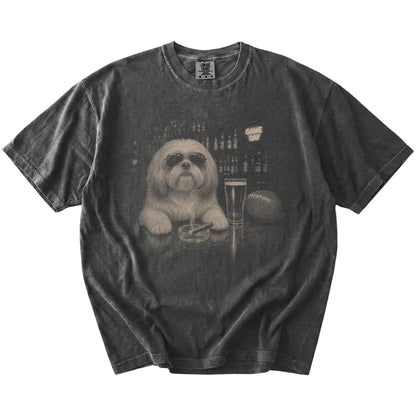 Shih Tzu with beer and football graphics on a Pepper Comfort Colors® T-shirt
