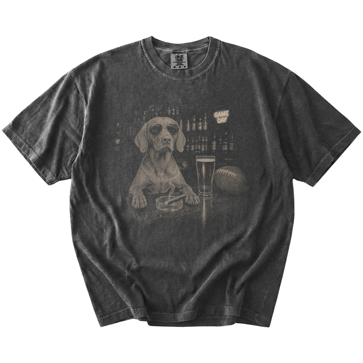 Vizsla with beer and football graphics on a Pepper Comfort Colors® T-shirt