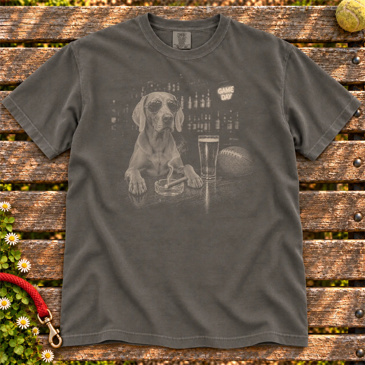 Beer and Football Weimaraner design on a Pepper Comfort Colors T-shirt, shown flat